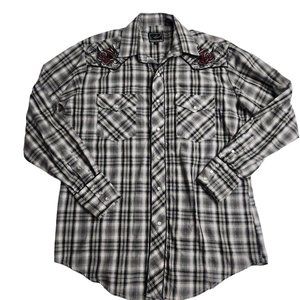 ROPER Silver Metallic Plaid Embroidered Roses Cowboy Pearl Snap Shirt Size M